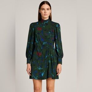 Tanya Taylor Green Silk Floral Print Long Sleeve Dress Size 4